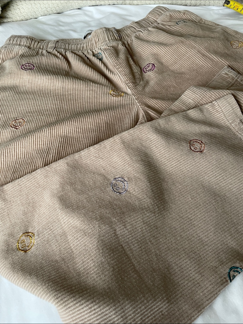 Urban Outfitters Tan Corduroy Pants with Multicolor Embroidered Smileys